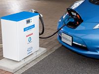 ニチコン製"EVパワーステーション"を活用した電力供給システム「LEAF to Home」（写真：日産自動車）