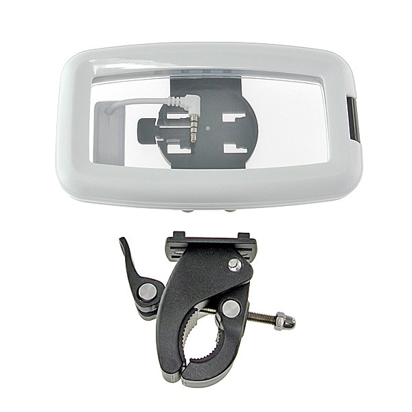 自転車のハンドルにiPhoneなどのスマートフォンを固定できる防水ケース「DN-82558」。スマートフォン本体をキズから守るほか、IPX-7相当の防水仕様で急な雨に遭遇しても本体を水から守る。