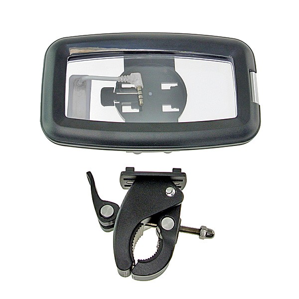 自転車のハンドルにiPhoneなどのスマートフォンを固定できる防水ケース「DN-82558」。スマートフォン本体をキズから守るほか、IPX-7相当の防水仕様で急な雨に遭遇しても本体を水から守る。