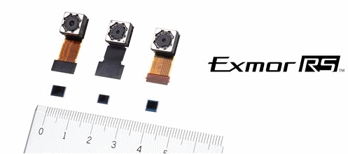 写真上段　イメージングモジュール（左から）『IU135F3-Z』『IU134F9-Z』『IUS014F-Z』 写真下段　積層型CMOSイメージセンサー“Exmor RS”（左から）『IMX135』『IMX134』『ISX014』（画像：ソニー）