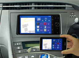 「MirrorLink」対応ディスプレイ・オーディオ「スマホナビ対応ディスプレイ」とスマートフォン「ELUGA V」接続時(画像:パナソニック) 「MirrorLink」対応ディスプレイ・オーディオ「スマホナビ対応ディスプレイ」とスマートフォン「ELUGA V」接続時(画像:パナソニック)