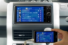 「MirrorLink」対応ディスプレイ・オーディオ「スマホナビ対応ディスプレイ」とスマートフォン「ELUGA V」接続時(画像:パナソニック) 「MirrorLink」対応ディスプレイ・オーディオ「スマホナビ対応ディスプレイ」とスマートフォン「ELUGA V」接続時(画像:パナソニック)