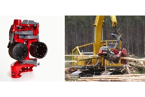 ログマックスAB製ハーベスターヘッド（写真左）と稼働風景（写真右）（画像：コマツ）