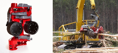 ログマックスAB製ハーベスターヘッド（写真左）と稼働風景（写真右）（画像：コマツ）