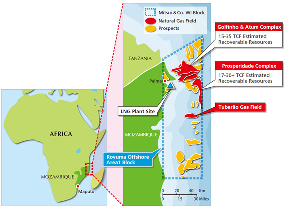 モザンビーク天然ガス開発事業の鉱区・ガス田・LNGプラント候補地位置図（画像：三井物産）