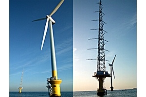 洋上風車（左）、洋上風況観測タワー（右）（画像：NEDO）