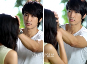 MBCドラマ『男が愛する時』のワンシーンでシン・セギョンの頭を撫でながら切ない目で見つめるソン・スンホン。写真=ブリスメディア