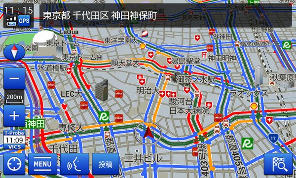 「Tプローブ交通情報」（道路の混雑状況を地図上に色で区分し表記）（画像：トヨタ自動車）