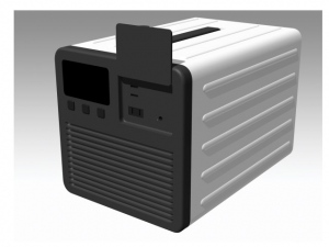 緊急用燃料電池のイメージ。100Wの電力を連続2時間使用できる能力で、大きさは340×340×240mm、重量6～7kg程度。複数個を直列使用すれば大きな電力の供給も可能だ
