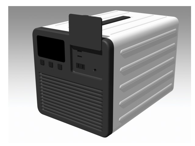 緊急用燃料電池のイメージ。100Wの電力を連続2時間使用できる能力で、大きさは340×340×240mm、重量6～7kg程度。複数個を直列使用すれば大きな電力の供給も可能だ