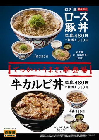 吉野家、｢ねぎ塩ロース豚丼」と「牛カルビ丼」を新発売（画像：吉野家ホールディングス）