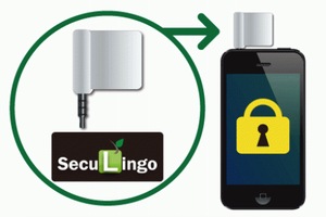 スマートフォンなどのイヤホン端子に挿すことで端末ロック解除などの認証が行えるドングル「SecuLingo」の利用イメージ。