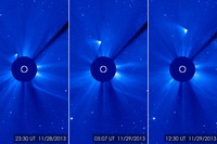 NASAが公開した画像。太陽の反対側から現れて遠ざかっていくアイソン彗星がとらえられている。Image Credit: ESA/NASA/SOHO/GSFC