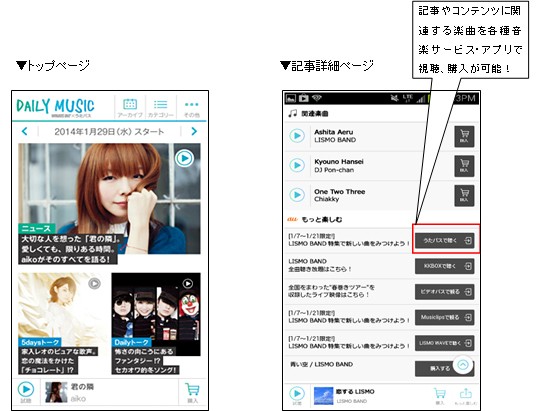 KDDIが29日に提供開始したauのスマートフォン利用者向け無料エンターテインメント情報サービス「DAYLY MUSIC」のトップページと記事詳細ページ KDDIが29日に提供開始したauのスマートフォン利用者向け無料エンターテインメント情報サービス「DAYLY MUSIC」のトップページと記事詳細ページ