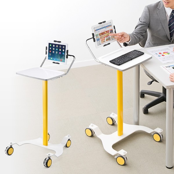 iPadなどのタブレットを机上に取り付けられるサンワサプライのカート製品