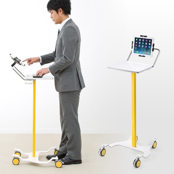 iPadなどのタブレットを机上に取り付けられるサンワサプライのカート製品