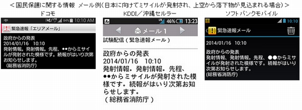 「国民保護に関する情報」のメール例（日本に向けてミサイルが発射され、上空から落下物が見込まれる場合）