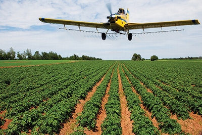 農業用殺菌剤「メトミノストロビン」の大豆農場への散布風景（住友商事の発表資料より）
