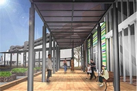 シャープのシースルー太陽電池モジュールが設置されるオープンカフェゾーンのイメージ。