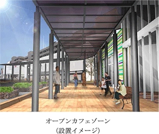 シャープのシースルー太陽電池モジュールが設置されるオープンカフェゾーンのイメージ。