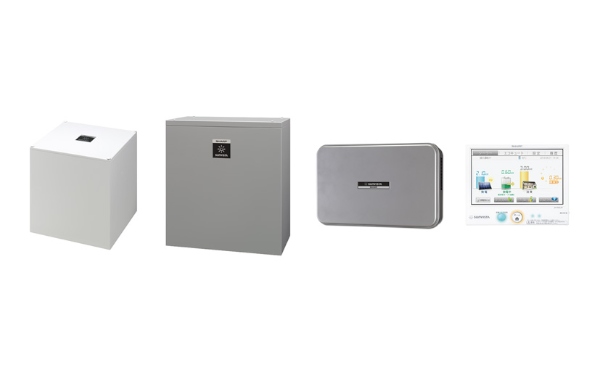 シャープが発売するクラウド蓄電池システム。左からリチウムイオン蓄電池本体(屋内設置用)<JH-WB1401>(屋外設置用)<JH-WB1402>
ハイブリットパワーコンディショナ<JH-42EM2P>
マルチエネルギーモニタ<JH-RWL6V>
