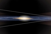 東京大学の松永典之助教らが発見した5つのセファイド変光星（左側）とこれまでに知られていた同種の天体の位置を比較した概念図。銀河系円盤を横から見たところで、右側のオレンジ色の点が太陽系。新しいセファイド変光星は、銀河系の中心（図の中央でより明るくなっているところ）よりも向こう側で円盤から離れたフレア領域に存在している。 （Credit: R. M. Catchpole (IoA Cambridge) and NASA/JPL-Caltech.)