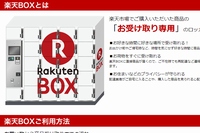 ECサイト「楽天市場」で注文した商品を通勤・通学の途中で受け取れる専用宅配ロッカーサービス「楽天BOX」の紹介Webページ。
