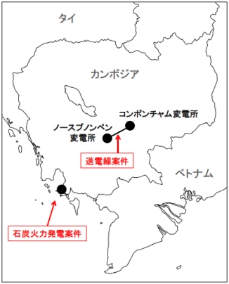 丸紅が出資するカンボジアの発電事業と送電事業の所在地を示す図（丸紅の発表資料より）