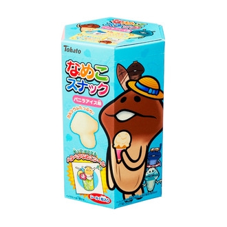 スマートフォン用ゲームアプリ「おさわり探偵 なめこ栽培キット」のキャラクターを使用した「なめこスナック バニラアイス味」