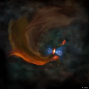 アルマ望遠鏡の観測結果をもとに描かれた分子雲コアMC27中心部の想像図。Credit: 国立天文台