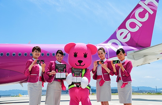 機内用リーフレット・SIMパッケージを持つPeach客室乗務員とSo-netキャラクターのモモ（ソネットの発表資料より）