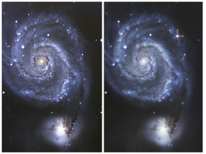 M51 銀河の、超新星 SN 2011dh 出現前（左図）と出現後（右図）の観測写真。左図は2009年、右図は2011年7月8日に撮影（Credit: チャボット宇宙科学センター コンラッド・ジャン）