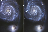 M51 銀河の、超新星 SN 2011dh 出現前（左図）と出現後（右図）の観測写真。左図は2009年、右図は2011年7月8日に撮影（Credit: チャボット宇宙科学センター コンラッド・ジャン）