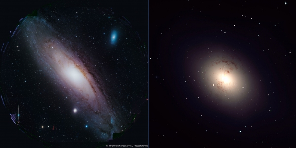 円盤銀河と楕円銀河の例。すばる望遠鏡で撮影されたアンドロメダ銀河（左）は代表的な円盤銀河。中央部に星が球状に密集した「バルジ」部とそれを取り巻く円盤部がよくわかる。一方、欧州南天天文台VLTで撮影されたNGC 1316銀河（右）は円盤構造の無い楕円銀河の一例（Credit: 上坂浩光/HSC Project/国立天文台/ESO ）