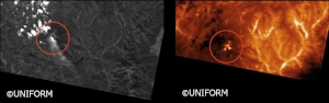 UNIFORM-1 衛星搭載の熱赤外カメラによる御嶽山の画像。9/28 12:02（JST）頃撮影。左列：可視カメラ（分解能約100m）右列：熱赤外カメラ（分解能約200m）。上方向が北。熱赤外は白色が高温領域（北海道大学の発表資料より）