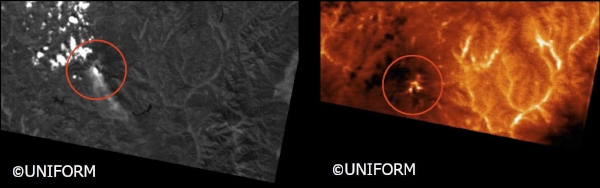 UNIFORM-1 衛星搭載の熱赤外カメラによる御嶽山の画像。9/28 12:02（JST）頃撮影。左列：可視カメラ（分解能約100m）右列：熱赤外カメラ（分解能約200m）。上方向が北。熱赤外は白色が高温領域（北海道大学の発表資料より）