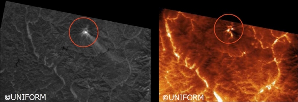 UNIFORM-1 衛星搭載の熱赤外カメラによる御嶽山の画像。9/29 12:21（JST）頃撮影。左列：可視カメラ（分解能約100m）右列：熱赤外カメラ（分解能約200m）。上方向が北。熱赤外は白色が高温領域（北海道大学の発表資料より）