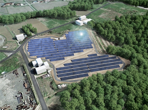 NTTファシリティーズは、広島県東広島市に「F東広島太陽光発電所」を建設する。写真は完成イメージ図（同社発表資料より）