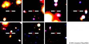 今回の観測で見つかった131億光年先のライマンα輝線銀河（LAE銀河）のカラー画像。