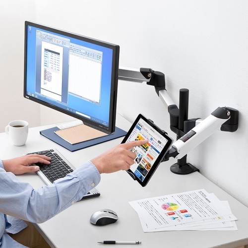 液晶モニターとiPad・タブレットを横に並べて設置可能で、高さ調節もできるデュアル液晶モニターアーム『液晶モニター・タブレットアーム 100-LA028』