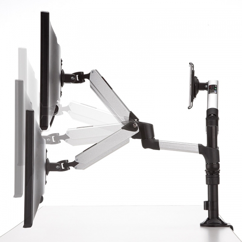 液晶モニターとiPad・タブレットを横に並べて設置可能で、高さ調節もできるデュアル液晶モニターアーム『液晶モニター・タブレットアーム 100-LA028』