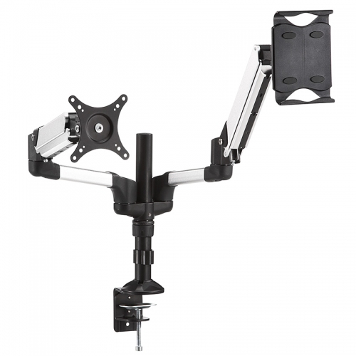液晶モニターとiPad・タブレットを横に並べて設置可能で、高さ調節もできるデュアル液晶モニターアーム『液晶モニター・タブレットアーム 100-LA028』