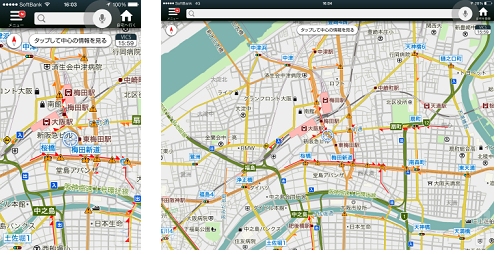 無料カーナビアプリ「Yahoo!カーナビ」の交通事故多発箇所の表示（写真：ヤフーの発表資料より）