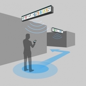 BLE Beaconの技術を利用して、複数のフロアがある建物でも正確に位置情報を把握できる、スマートフォン用ナビゲーションアプリの利用イメージ（大日本印刷の発表資料より）