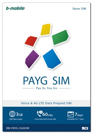 PAYG SIM:音声通話は国内・国際を問わず60分、データ通信は3GB。有効期間は7日間(日本通信の発表資料より)