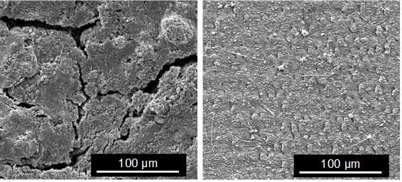 レーザ焼結の有無による充放電後の電極表面形態の違い（左：焼結無、右：焼結有）（慶應義塾大学の発表資料より）