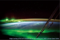 コニカミノルタプラザギャラリーB&Cは、国際宇宙ステーションから撮影された最新のオーロラの映像や写真の数々を展示する「宇宙から見たオーロラ展」を開催中だ（写真：同展の案内資料より）