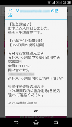 登録に関する詳細情報が記載されているポップアップウィンドウ。［OK］をタップしてウィンドウを閉じようとすると、別のポップアップウィンドウが表示され、指定の番号に電話をかけるように求められる（シマンテックの発表資料より）