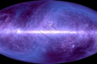 「あかり」の観測した全天の遠赤外線画像。青：90マイクロメートル、赤：140マイクロメートルの2色合成で示す。中央に水平に伸びるのが天の川。銀河系の中心領域を画像の中心にした360°の範囲を示す。Sの字状に薄く見えるのは、太陽系内の塵による光（東京大学などの発表資料より）