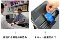 顧客の名刺を店舗で預かり、スキャナーで読み取るカメラのキタムラの「名刺スキャン代行サービス」のイメージ（同社発表資料より）